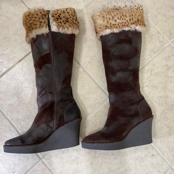 Donald J. Pliner Tiara BOOTS suede like w Faux FUR Wedge boots wms. 9.5 Brown - Picture 6 of 10